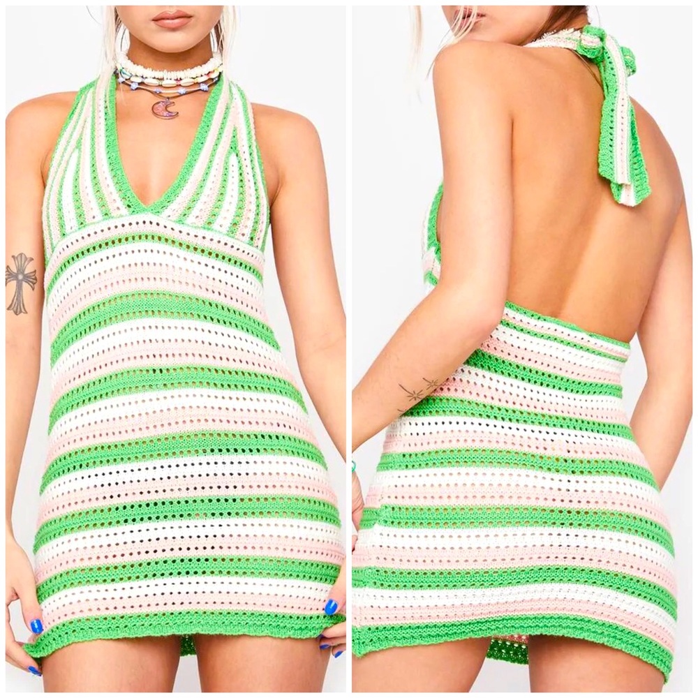 NWT Crochet Mini Dress Striped Halter Bodycon Festival Vacation Hippie BoHo Club
